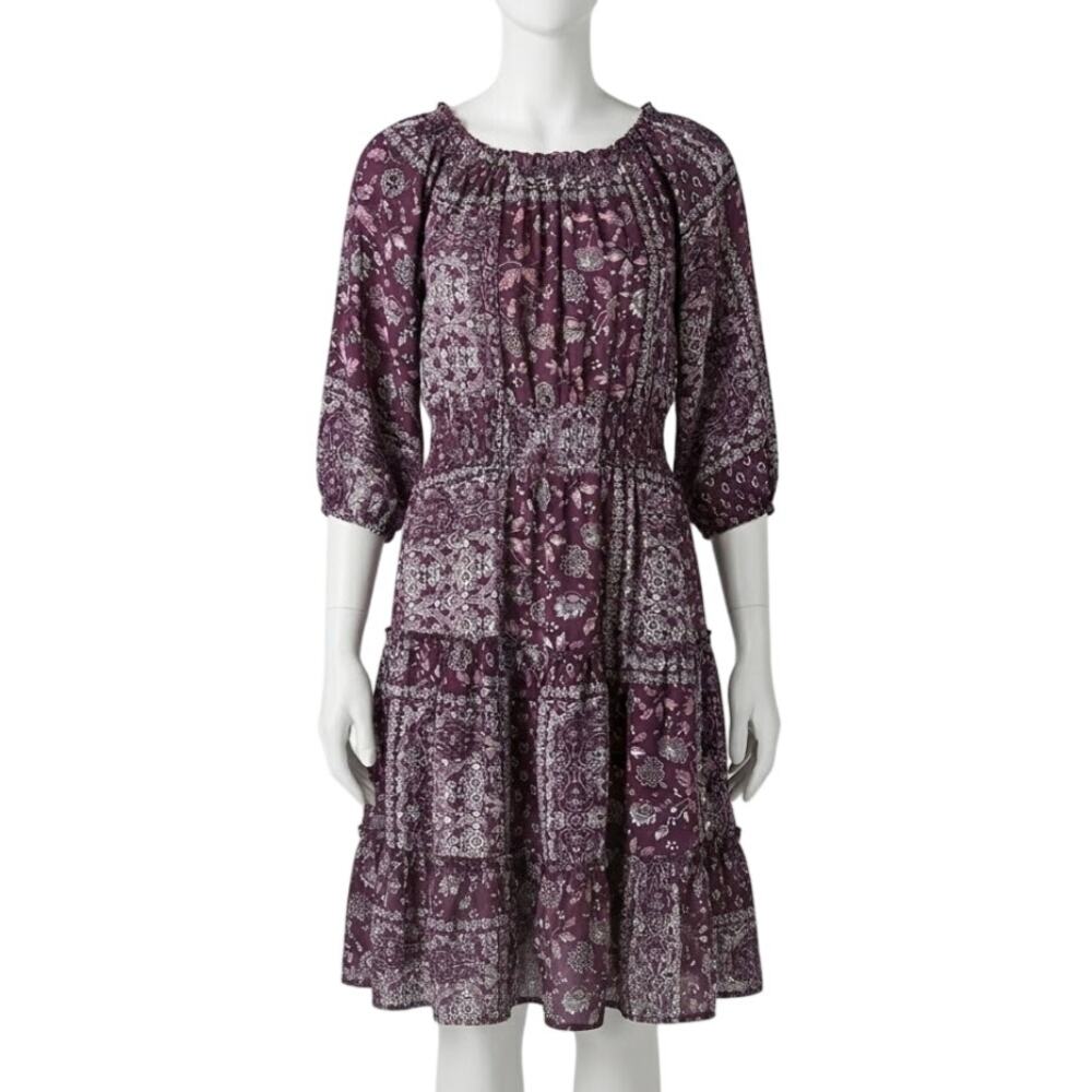 Studio 1886 Dress XL Purple Pink White Floral Boho Smocked Waist Patchwork Style